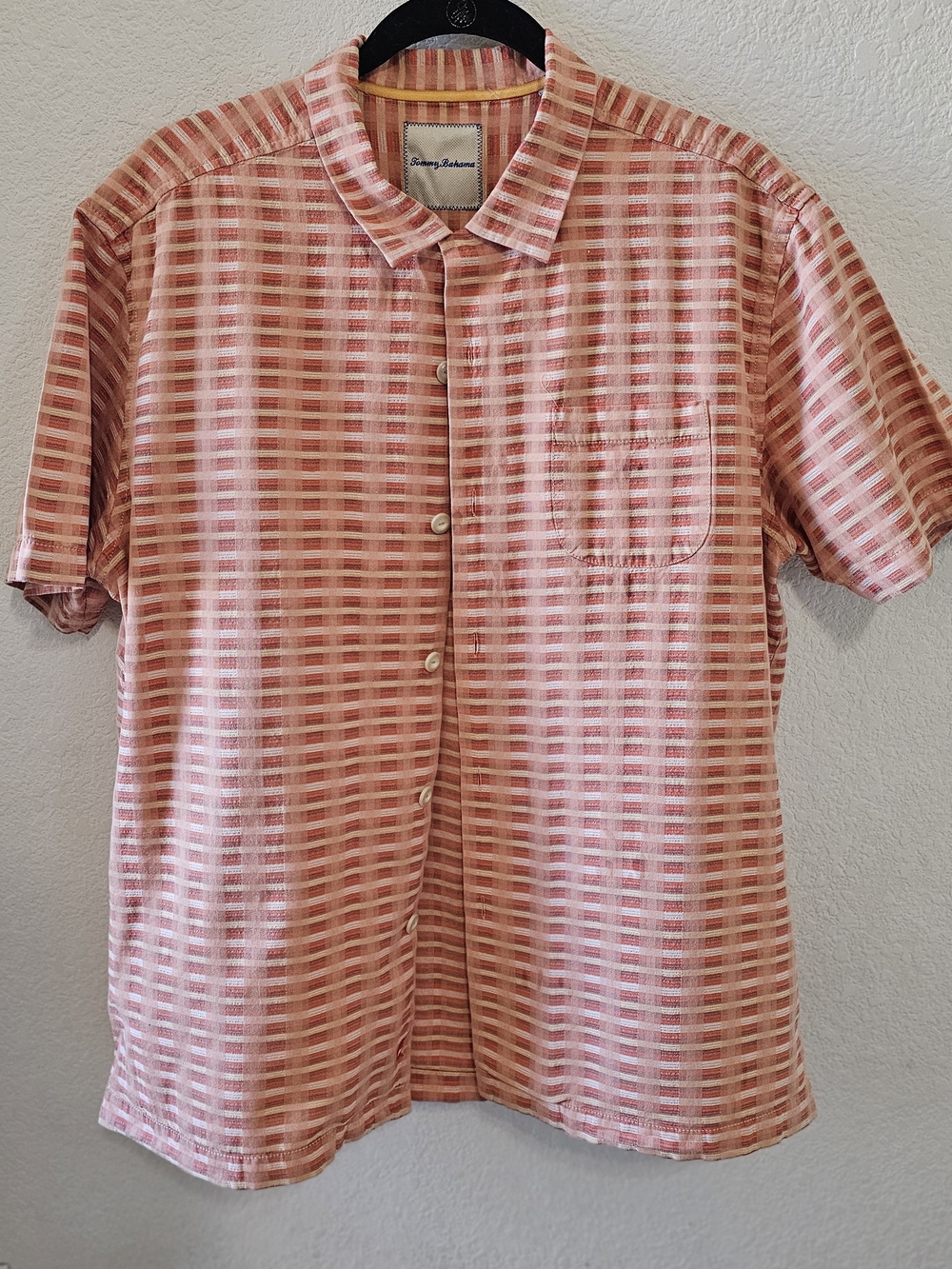 Tommy Bahama Coral & Cream Stripe Button-Up